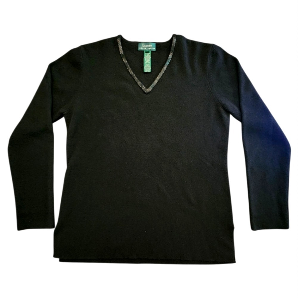 Lauren Ralph Lauren Wool Blend V-Neck Sweater Embellished Trim Black Large